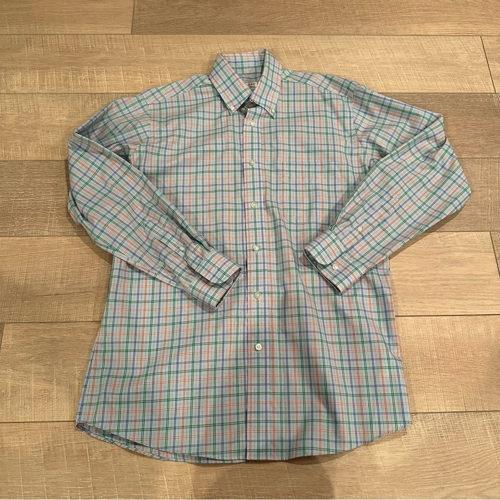 SERO BY FORSYTH MENS LONG SLEEVE PLAID BUTTON SHIRT MEDIUM BLUE ORANGE GREEN